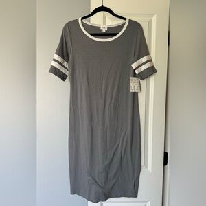 NWT Lularoe Julia dress. Size L / Large. Gray with white trim and stripes.